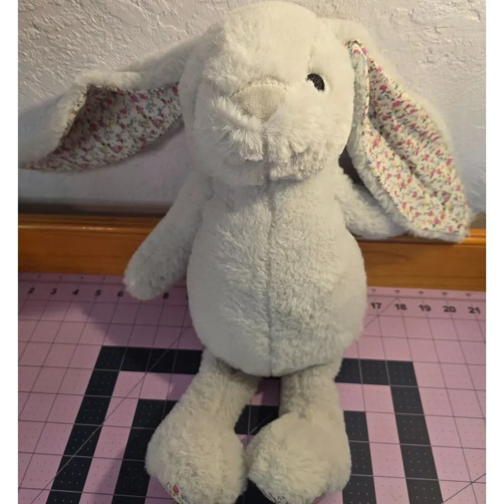 Kellytoy White Bunny Rabbit Plush Floral Ears Floral Feet Stuffed Animal 15